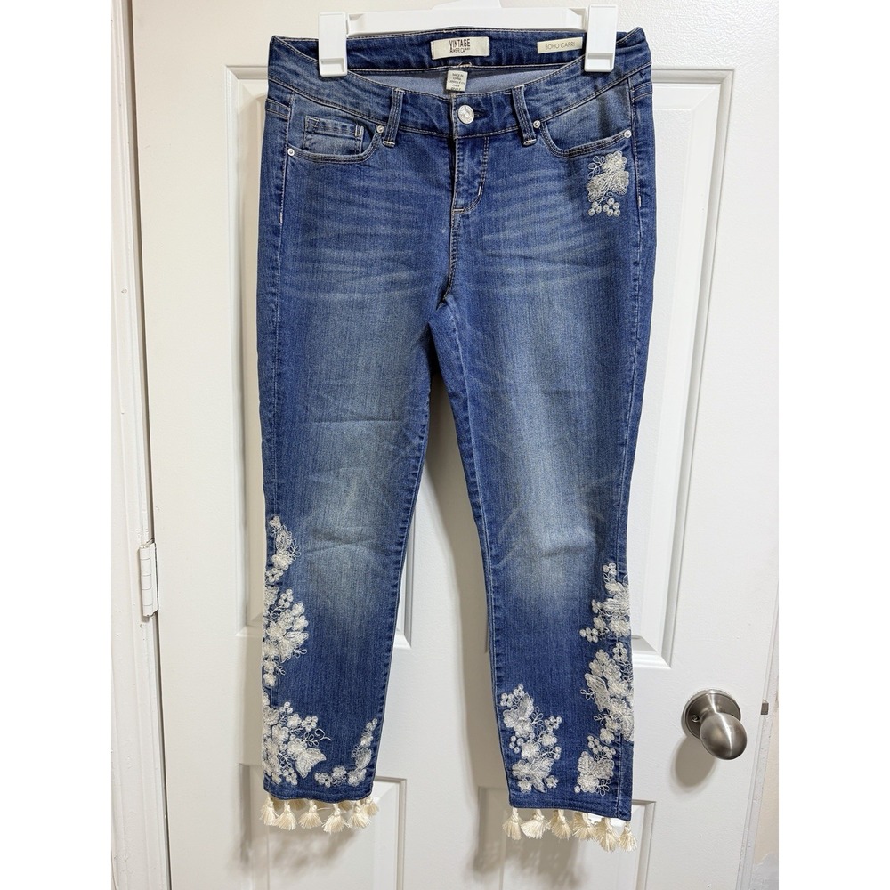 Vintage America Blues Jeans Sz 4P Boho Capri Floral Embroidery Fringe Tassel